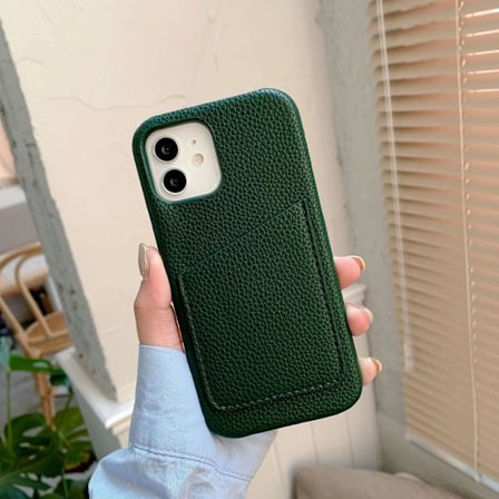 Etui til iPhone 16pro Litchi mønster kortslot grøn Pebbled Wallet med kortholder