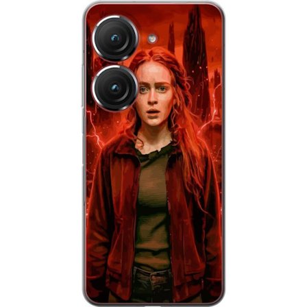 Kompatibelt Mobilskal till Asus Asus Zenfone 9 Porträtt av en ung kvinna med rött hår i en apokalyptisk landskap, röda blixtar och mörka klippfor