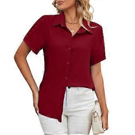 Vinröd XL Dam Skjorta med Knappar Enfärgad Kortärmad Andningsbar Casual Skjorta för Arbete