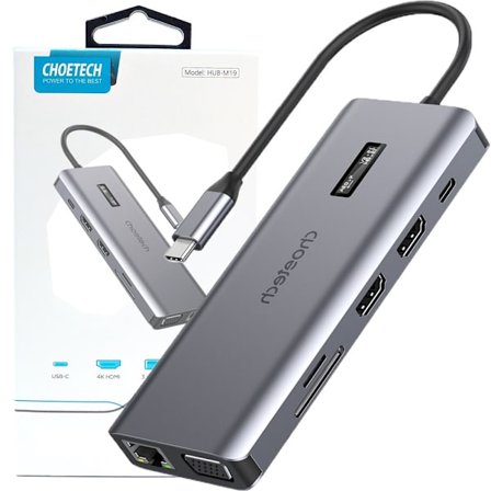 Choetech HUB multifunksjonsenhet med skjerm 12in1 USB-C - USB-C / USB-A / HDMI / VGA / AUX / SD / TF grå (HUB-M26)
