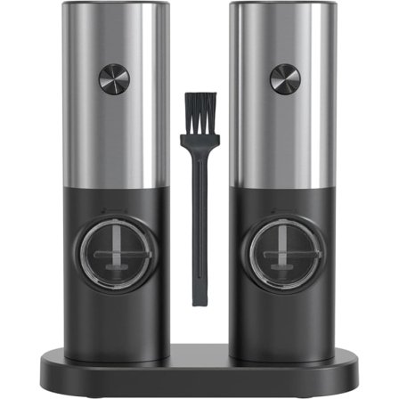 IC Elektriske Salt- og Peberkværne Sæt, Peberkværn med Base, Lille Børste, LED-Lys, Drevet af 4 AAA-Batterier, Justerbar Slipfinhed (Sølv)