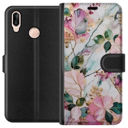 Kompatibel Tegnebogsetui til Huawei P20 lite Abstrakt marmormønster med blomster, blade og gyldne detaljer i bløde pastelfarver