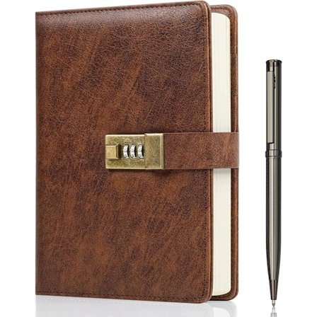 Dagbok med lås, A5 PU-skinnjournal med lås 240 sider, Vintage låsjournal passordbeskyttet notatbok med penn og gaveeske, 21,8 x 14,7 cm_sai