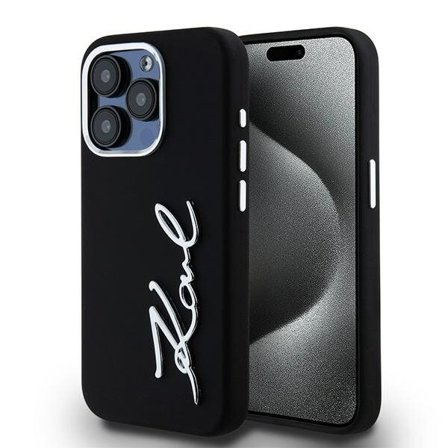 Karl Lagerfeld Silikoni Metal Script Logo tapauksessa iPhone 15 Pro - musta