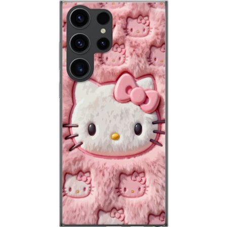 Kompatibelt Mobildeksel til Samsung Galaxy S24 Ultra Hello Kitty rosa fluffy bakgrunn med ikoniskt ansikt og kawaii-estetikk