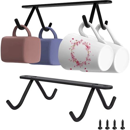 Sæt med 2 sorte metalkopholdere under skabet Vinglasholder 8 hængende kroge, til køkken spisestue café bar