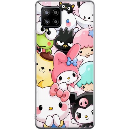 Kompatibelt Mobildeksel til Samsung Galaxy A42 5G Tett mønster av søte figurer med store øyne i ulike farger og uttrykk med LABUBU-tekst