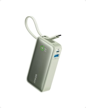 Anker 545 Nano Powerbank 10000mAh (grønn) USB-C PD 30W, innebygget USB-C kabel, laget av resirkulerte materialer