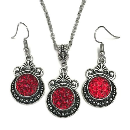 Örhängen Halsband 3-delat RÖD Glitter Opal Goth Victorian