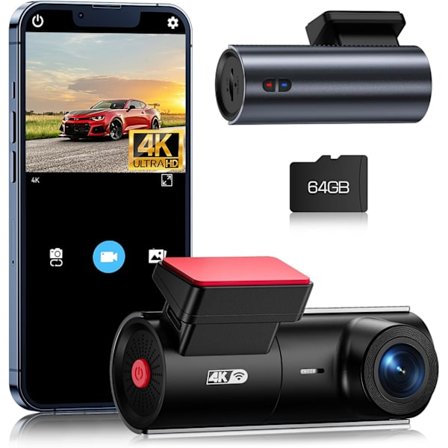 Dash Cam 4K WiFi 2160P Bilkamera, Dashkamera til biler, Mini Front Dashcam til biler med nattesyn, Loop-optagelse, G-sensor, 24H parkeringsmonitor,