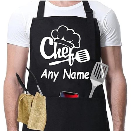 1 stk. Forkle, Fast trykk med hvilket som helst navn Forkle, Herre Kjøkkenforkle, Justerbar nakkestropp, med 3 lommer foran, for kjøkken