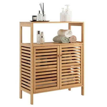 COSTWAY Bambus Badeværelsesskab, Opbevaringsmøbel med Aftagelig Hylde og Persienneskabe, til Entré, Stue, Køkken