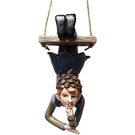 Hengende Hagealv Statue Utendørs Dekor Svingende Skogalv Gutt Figur Mini Eventyrhage Ornamenter For Terrasse Gjerde Hage Tregren Dekor Mørk Blå