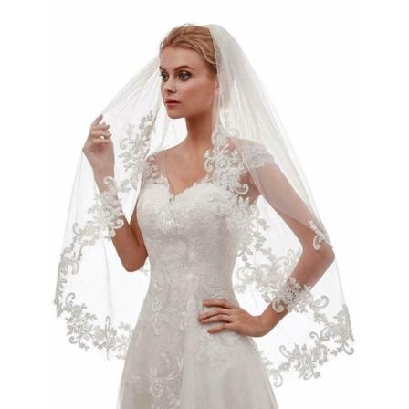 Romanttiset häät morsiamen huntu valkoinen norsunluu kirjonta käsintehty applikaatio 2 tasoa white two layer