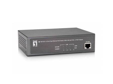 LEVELONE 5-PORT FAST ETHERNET POE SWITCH 65W 802.3AT POE+ 4 POE OUTPUTS ACCS