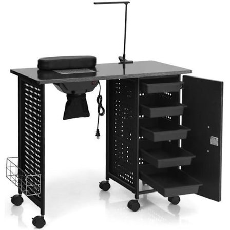 COSTWAY Professionelt Manicurebord med 5 Aftagelige Skuffer 6 Hjul, Justerbar Lampe Skab, 90 x 43 x 74 cm, Sort