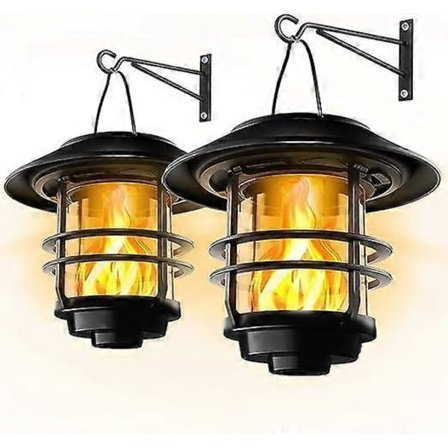 Solar Lights Outdoor Garden, Glass and Metal IP65 Waterproof, Flickering Flames Wall Lanterns, 2 Pack Hanging Wall Mount for Patio, P (FMY)