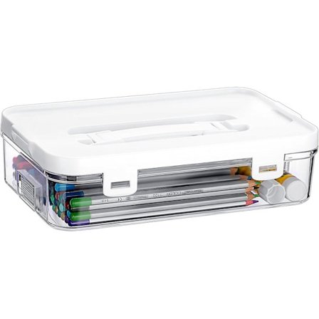 Genomskinlig förvaringslåda med lock, mångsidig förvaringsbehållare i plast för konst och hantverk, stapelbar förvaringslåda med handtag