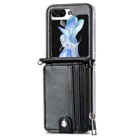 Samsung Galaxy Z Flip 5 - Plånboksfodral i Retrostil av PU-Läder med Korthållare och Halskedja