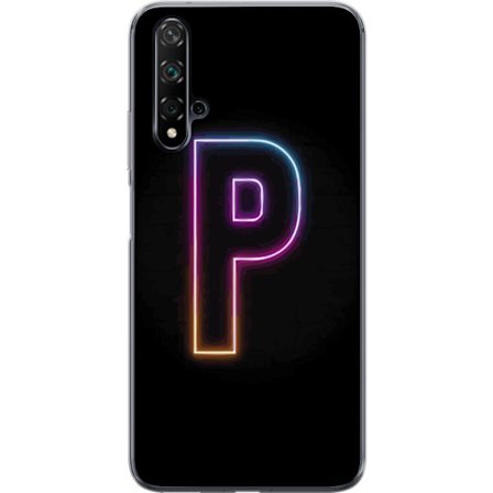 Kompatibel Mobilcover til Huawei Huawei nova 5T Minimalistisk neonbogstav P i farvegradient og lyseffekt mod sort baggrund i digital neonstil