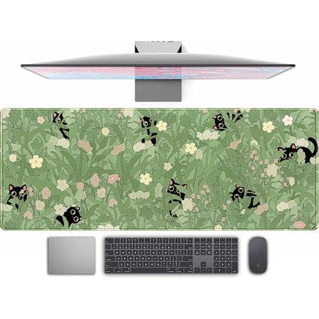 Søtt Grønne Blader Rosa Blomster Musematte Skrivebordsmatte Kawaii Anime Katt Skrivebordsbeskytter Dekor Skrivebordsunderlag 80x30 cm