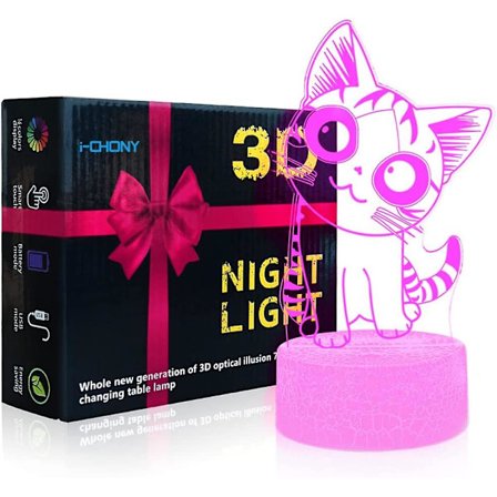 Katt 3D Illusjon Nattlys For Barn Søt Pus LED Lys 7 Eller 16 Farger Dimbar Bordlampe Med Fjernkontroll & Smart Touch & USB-Kabel - Katteelskergaver