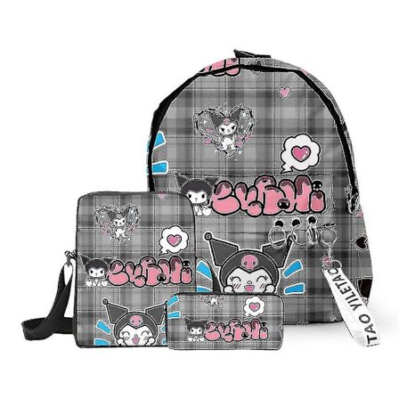 Suurikapasiteettinen reppu, koululaukku, olkalaukku, penaali, kolmiosainen setti, Cartoon Kuromi -reppu, koululaukku teini-ikäisille, ala- ja 