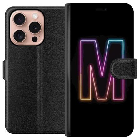 Kompatibelt Lommeboketui til Apple Apple iPhone 16 Pro Neonbokstav M med fargeskiftende lys effekt mot svart bakgrunn, moderne minimalistisk typografi