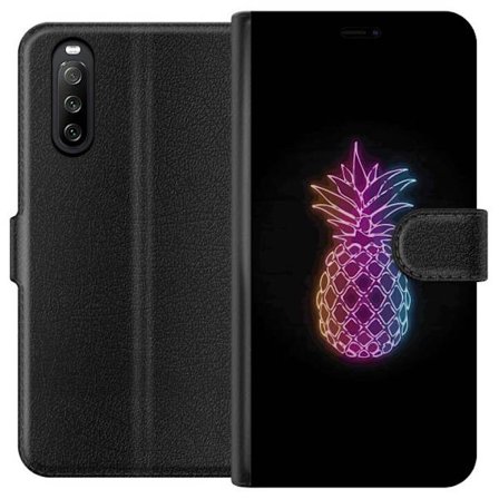 Yhteensopiva Lompakkokotelo Sony Sony Xperia 10 III Neonkuvitus ananaksesta värikkäässä valossa mustaa taustaa vasten