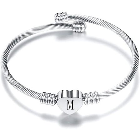 Initial Letter Cuff Armband för Kvinnor Flickor Expanderbar Kärlek Hjärta Silver Alfabetet Armband Familj Mamma Dotter Mors Dag Alla Hjärtans Dag 