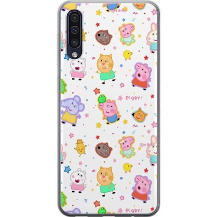 Kompatibelt Mobildeksel til Samsung Galaxy A50 Fargerike tegneserie dyrekarakterer i en leken stil med stjerner og prikker på en lys bakgrunn