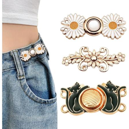 3 stykker denimknapper, sort kat orkidé mønster, justerbar reus