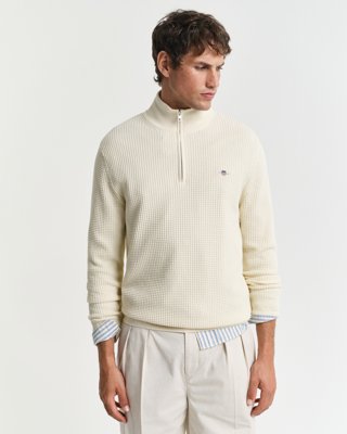 GANT - Teksturert bomullsgenser med half-zip til herre cream