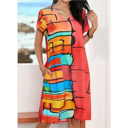 Kort Trefärgad Party Print Sleeve Klänning V-ringad Dam Stripe