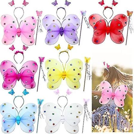 Pige Butterfly Fairy Vinger Sæt - 7 Sæt Med Tryllestave Og Hovedbånd Til Fødselsdagsfest - Alder 2 Til 12 - 7 Farver