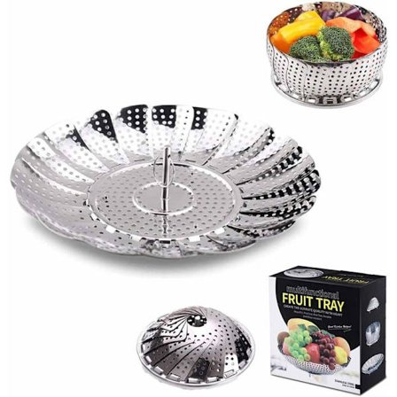 Foldbar dampkurv, køkken sammenklappelig dampkurv i rustfrit stål, til madlavning af grøntsager og mad eller frugtkurv (stål, 30 cm) -