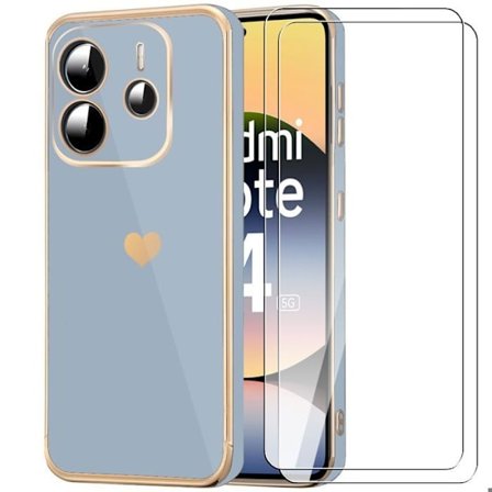 Coque + 2 Förstärkta Glas för Xiaomi Redmi Note 14 5G (inte för 4G) Skydd Mönster Hjärta Blå