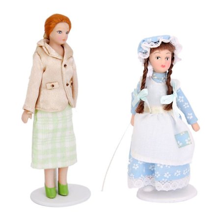 2 stk 1/12 Dukkehust Miniatyr Porselen Dukker Flettet Hår Med Stativ