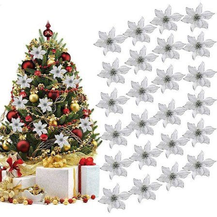 Outgeek Christmas Tree Decoration, 24pcs Christmas Tree Ornament Set Christmas Decoration Glitter Artificial Christmas Flowers For Wedding Party Chris