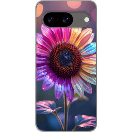 Kompatibelt Mobildeksel til Google Pixel 8 Irideserende blomst med glitrende kronblad i rosa lilla og gull mot myk bokeh bakgrunn