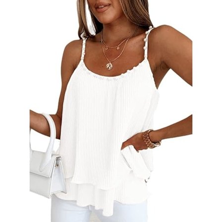 Dametopper med V-hals, perlekant, dobbelt lag med volanger, justerbar spaghettistropp (stor)