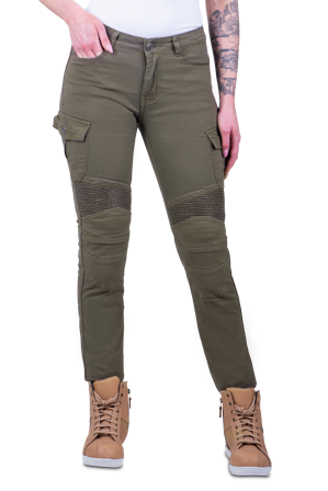 Pantaloni Moto Donna Course Wasteland Rinforzati in Aramide Slim Fit Oliva W30 x L28