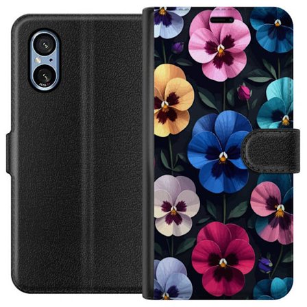 Kompatibelt Lommeboketui til Sony Xperia 5 V Dekorativt blomstermønster med fargerike pensélignende blomster og mørk elegant bakgrunn