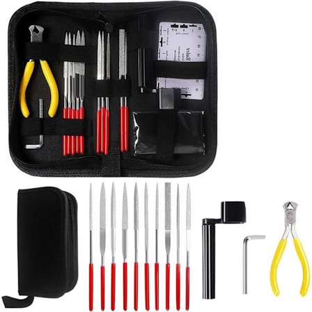 Guitarreparationssæt med nål/fil lineal/strengmåler/skærenøgle, guitarvedligeholdelsessæt til guitar eller ukulele pleje/vedligeholdelse