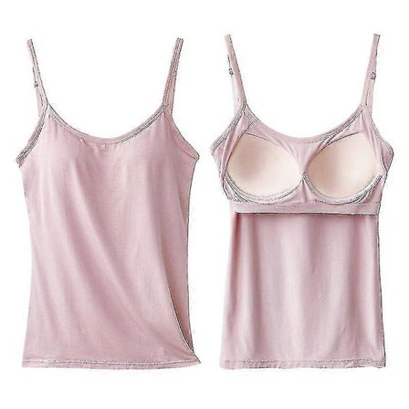 Lang Camisole med indbygget hylde-bh, justerbar strop, dame, lagdeling, basis tanktop, ensfarvet bomuld, brystpude, sommer T-shirt [avanceret kvalitet