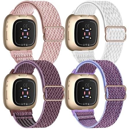 4-osainen joustava nylonranneke, yhteensopiva Fitbit Versa 3 / Fitbit Sense -älykellojen kanssa, säädettävä joustava kangas urheiluranneke (Rose Pink/