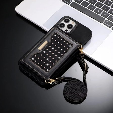 Fodral för iPhone15 tri fold lanyard väska svart tri fold väska diamant korthållare