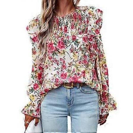 Dame Høst Puff Langermet T-skjorte Crew Neck Topper Bohemsk Blomstertrykk Bluser Skjorter Smocked Mansjetter Tunika Topper Hvit XL(XL Hvit)