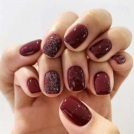 24 stk. Fall Press On Nails Blanke Korte Firkantede Falske Negle Røde Falske Negle Med Glitter Design Cover Burgundy Akryl Negle Lim På Negle