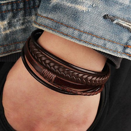 Trendy ekte skinn armbånd for menn flerlags flettet tau armbånd